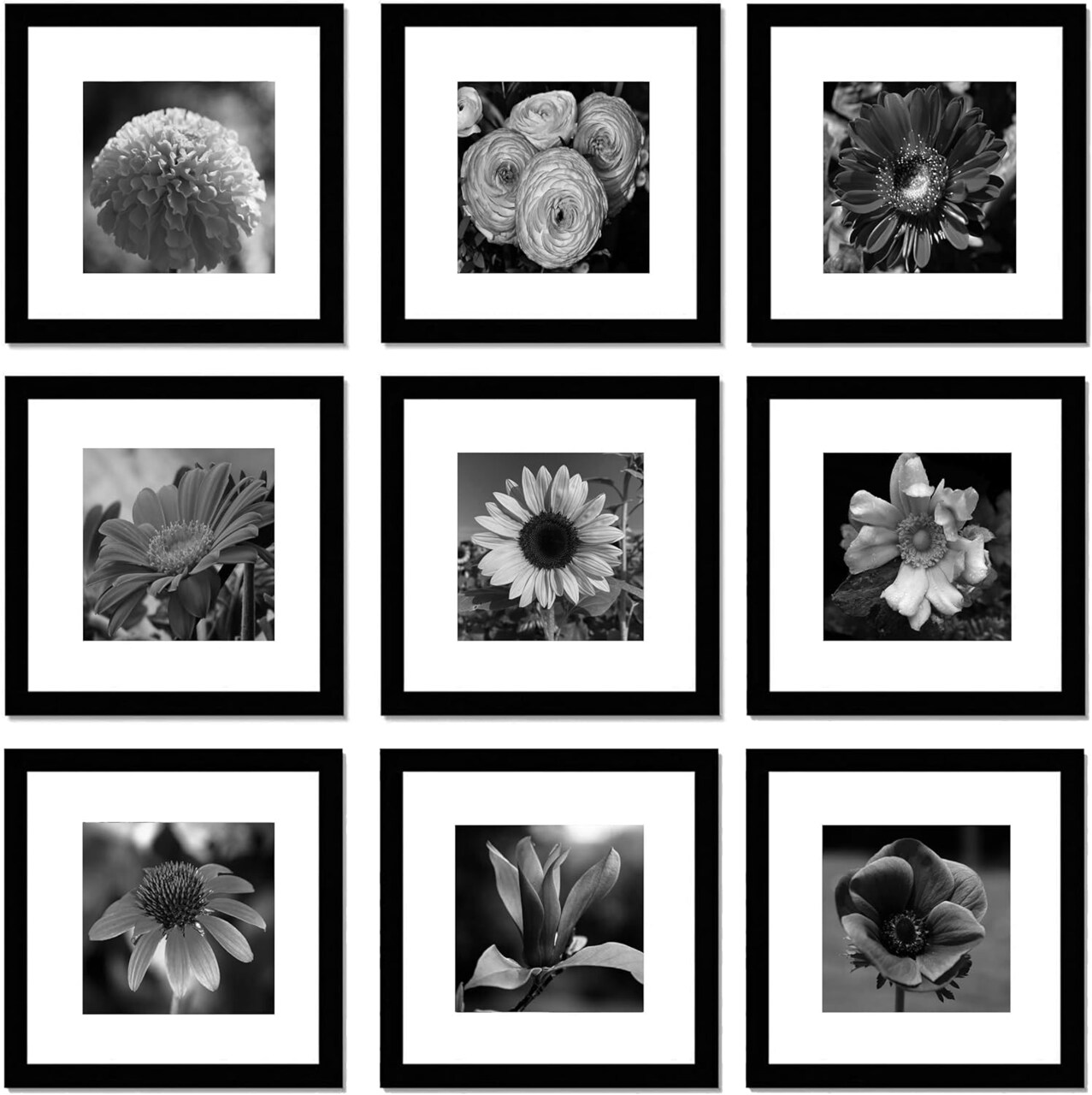 Black Picture Frame Set of 9, Square Photo Frame with Mat Display Pictures 8x8 or 12x12 Without Mat, PVC Glass, for Wall Home Office Decor (9pk, Black)